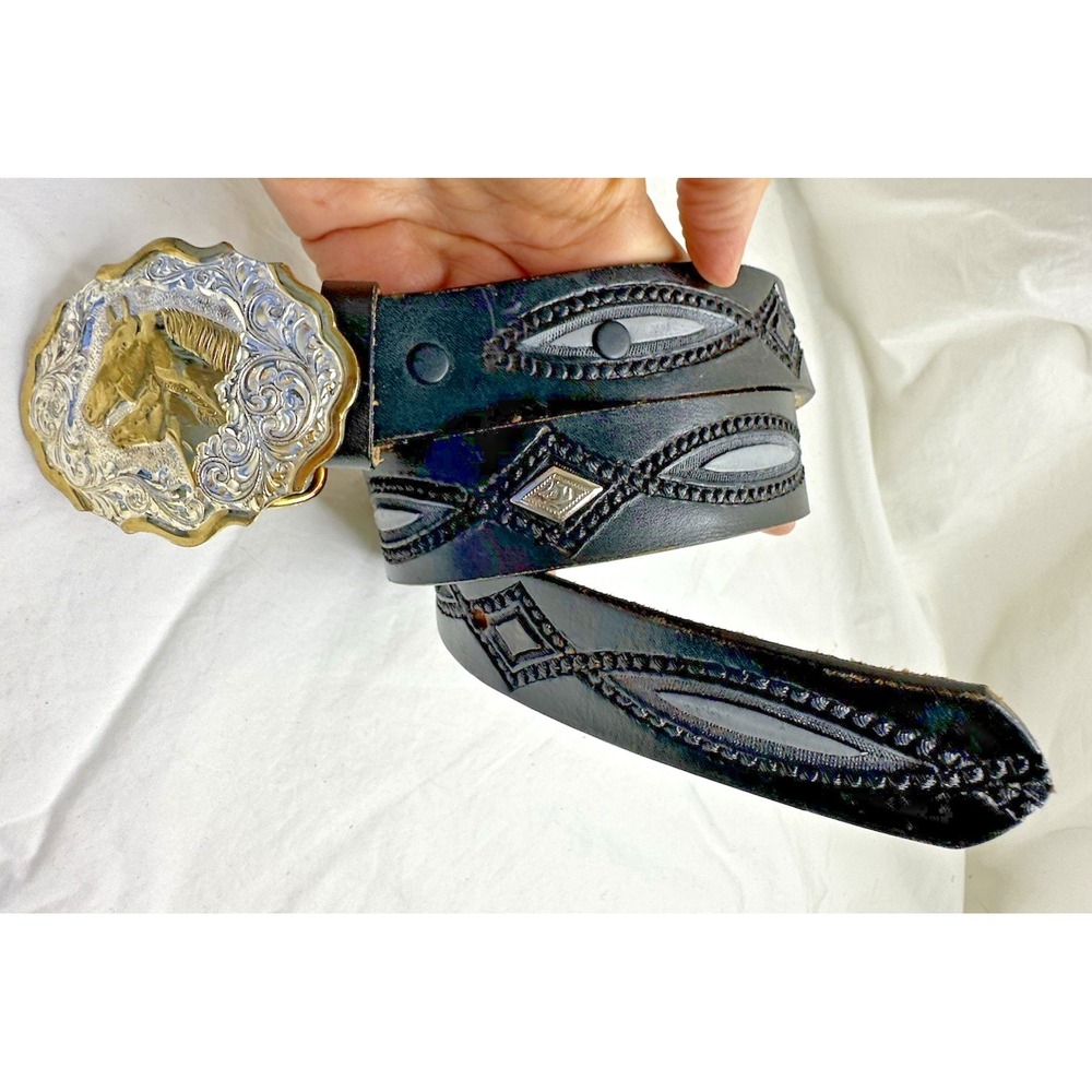 Crumrine Silver Plate Buckle Horse Mare Foal Two Tone Western Belt Black 26 - Picture 12 of 16
